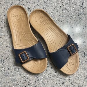Navy and Tan Crocs Slide Sandals